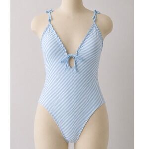 Shade & Shore Blue Striped Tie Front Ruffle Cottagecore Swimsuit Medium NEW